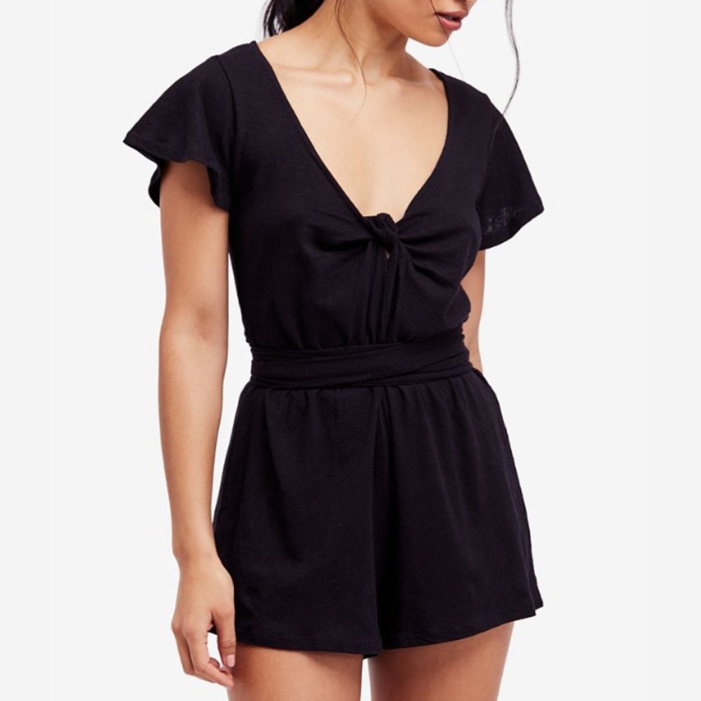 Free People Black Twist V Neck Linen Romper